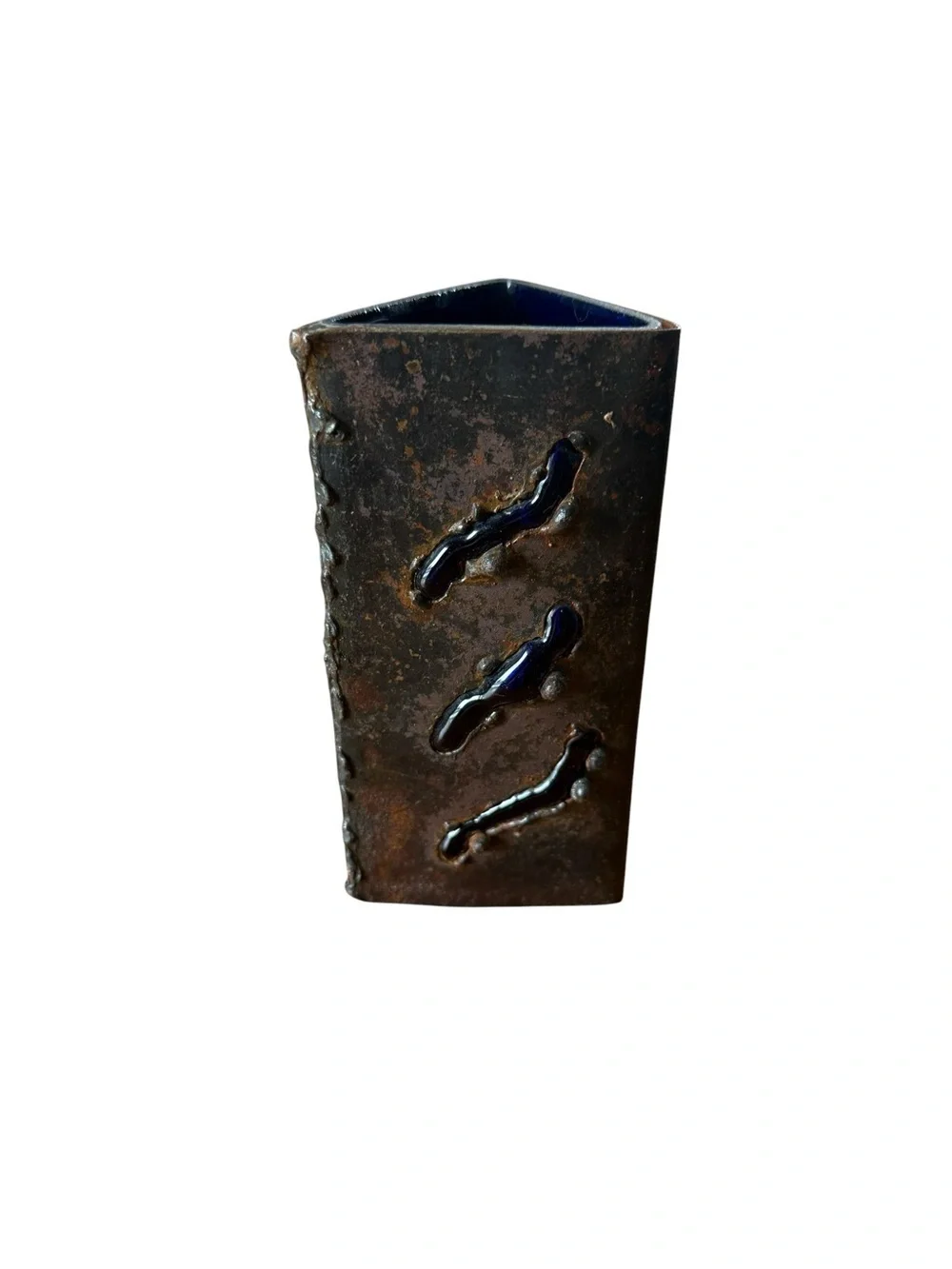 Brutalist Copper With Cobalt Blue Caged Rectangular Vase 1960’s Mid Century